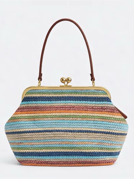 Handbags - Multi-Stripe Straw Frame Kiss Lock Top-Handle Bag